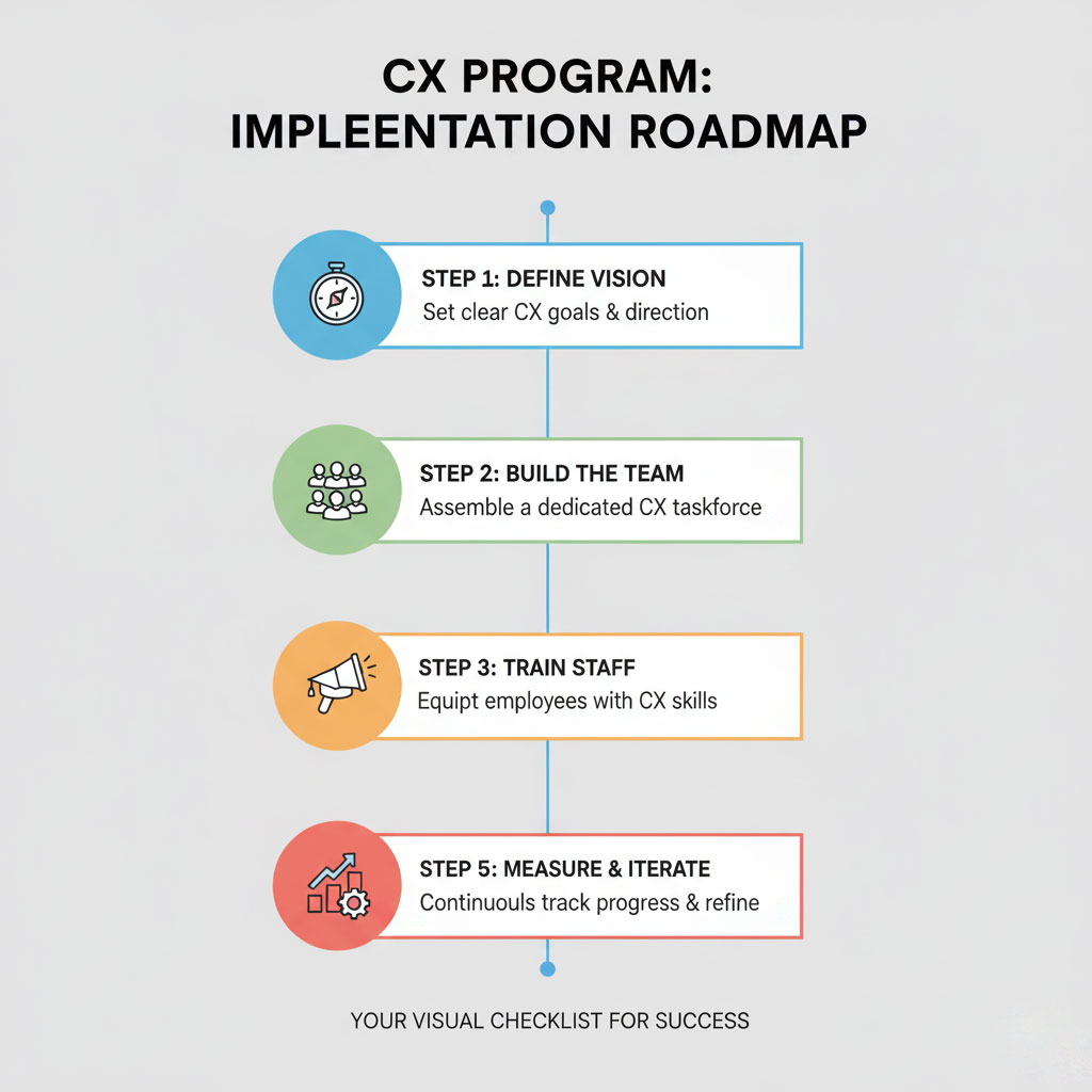 Vertical infographic titled 'CX Program: Implementation Roadmap' showing 5 steps with icons: Define Vision (compass), Build the Team (people), Train Staff (megaphone), Implement Tools (wrench & gear), and Measure & Iterate (chart & gear). A caption reads 'Your Visual Checklist for Success'.