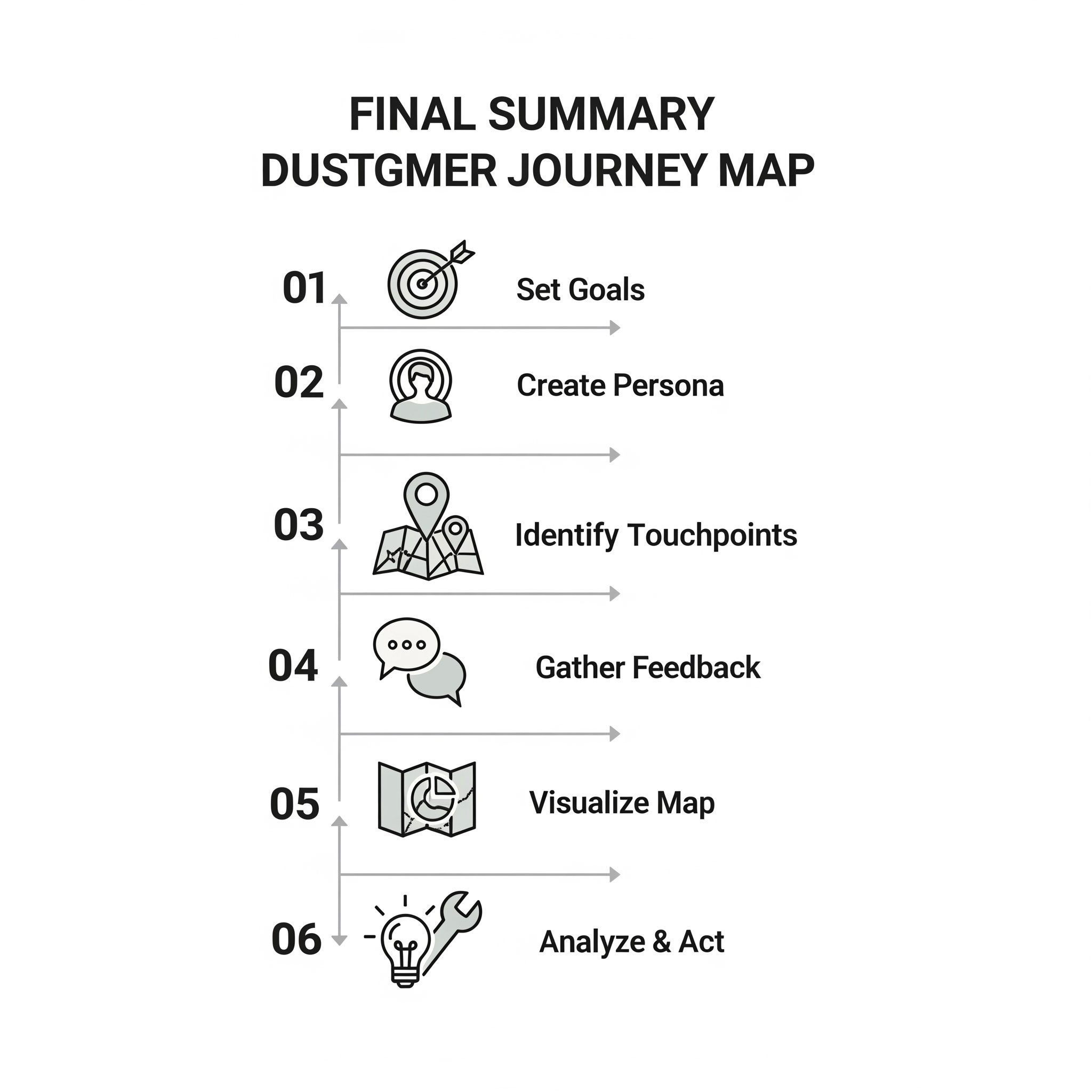 A 6-step flowchart checklist for creating a customer journey map, including setting goals, creating personas, identifying touchpoints, gathering feedback, visualizing the map, and analyzing to act.