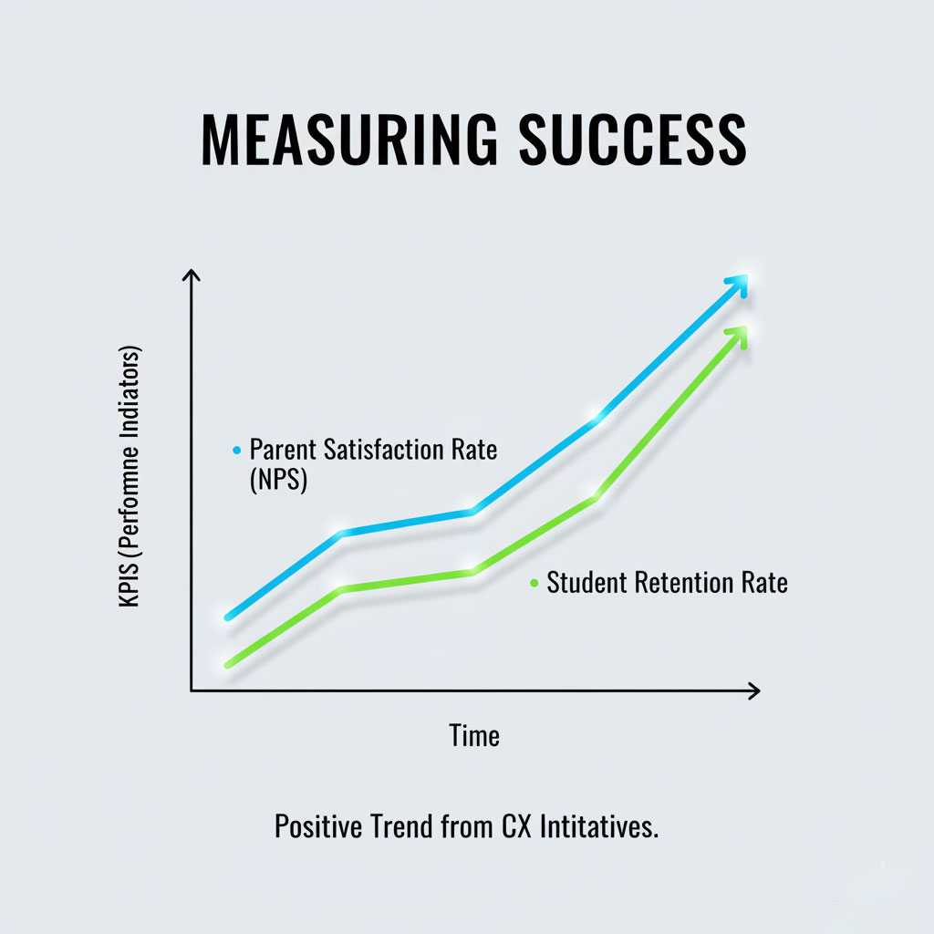 Infographic showing two upward trending wavy lines on a simple chart, representing Parent Satisfaction Rate (NPS) and Student Retention Rate over time, with the title 'Measuring Success' and a caption 'Positive Trend from CX Initiatives'.