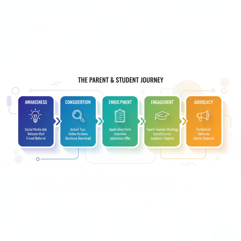 An infographic detailing The Parent & Student Journey in five stages: Awareness (lightbulb), Consideration (magnifying glass), Enrolment (checklist), Engagement (graduation cap), and Advocacy (megaphone), with examples of touchpoints for each stage.