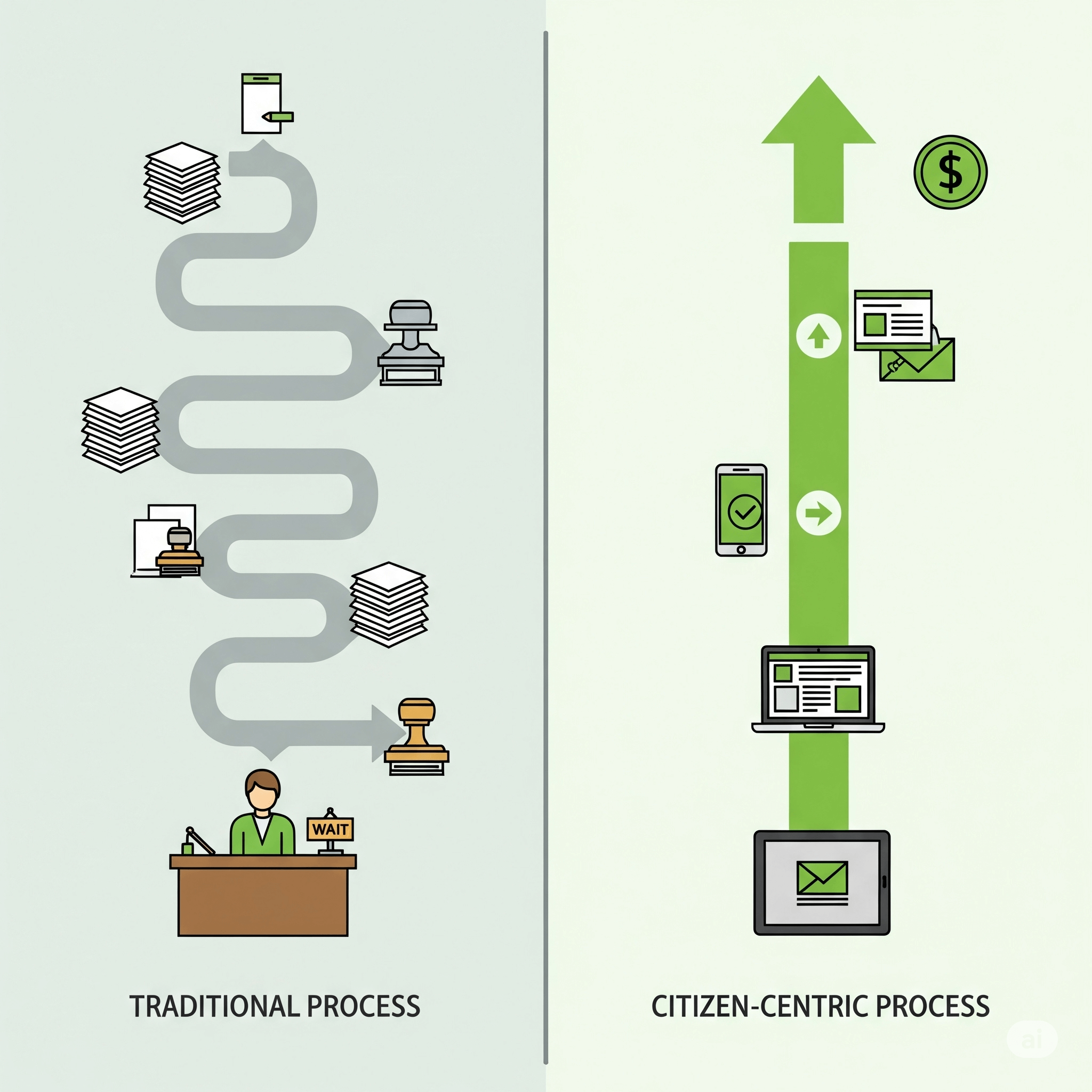 A 'Before and After' flowchart illustrating the shift from a complex, paper-based 'Traditional Process' to a streamlined, digital 'Citizen-Centric Process', highlighting increased efficiency and cost savings.