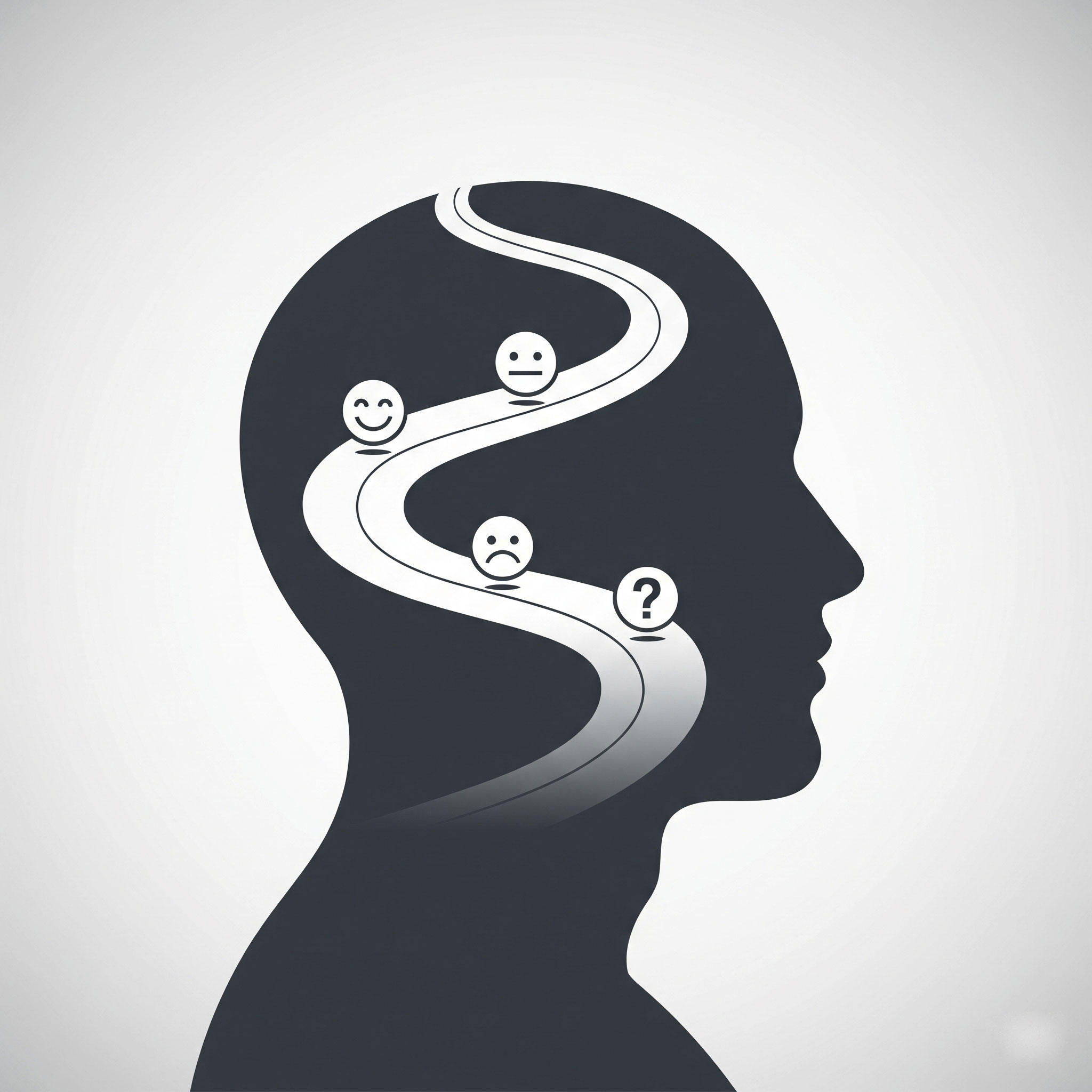 Conceptual image of a human head silhouette with a winding path and emotional icons inside, representing the thoughts and feelings of the customer journey.