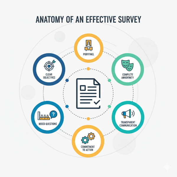 An infographic titled "Anatomy of an Effective Survey" showing a central survey document icon surrounded by five key principles: Clear Objectives (target icon), Complete Anonymity (mask icons), Mixed Questions (chart and question mark), Transparent Communication (megaphone), and Commitment to Action (gears).
