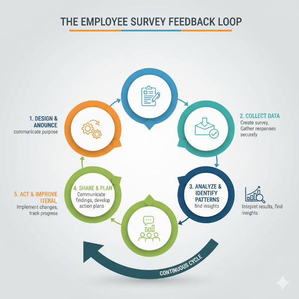 A circular infographic titled "The Employee Survey Feedback Loop" illustrating five continuous stages: 1. Design & Announce (clipboard icon), 2. Collect Data (inbox icon), 3. Analyze & Identify Patterns (chart icon), 4. Share & Plan (team meeting icon), and 5. Act & Improve (gears icon).