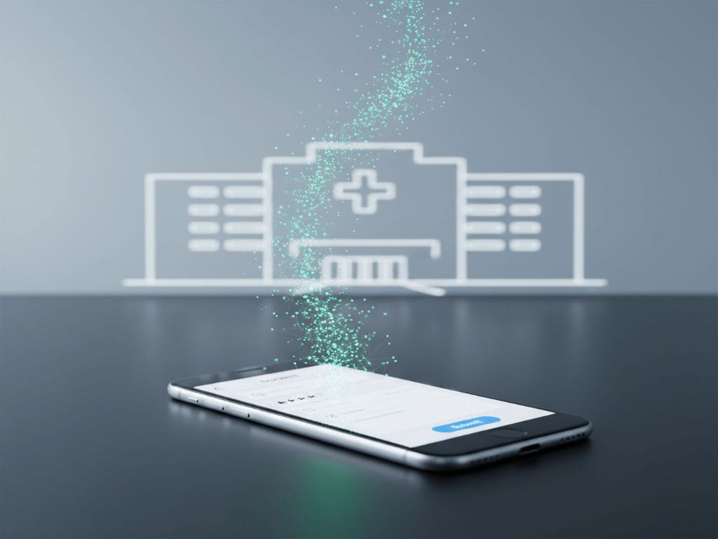 A professional and clean conceptual image showing a smartphone displaying a survey form, with glowing data particles flowing upwards towards a stylized outline of a hospital in the background, symbolizing digital patient feedback.